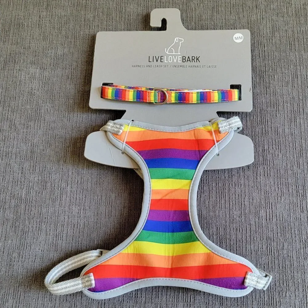 Live Love Bark Pride Dog Harness and matching leash Set Sz Medium